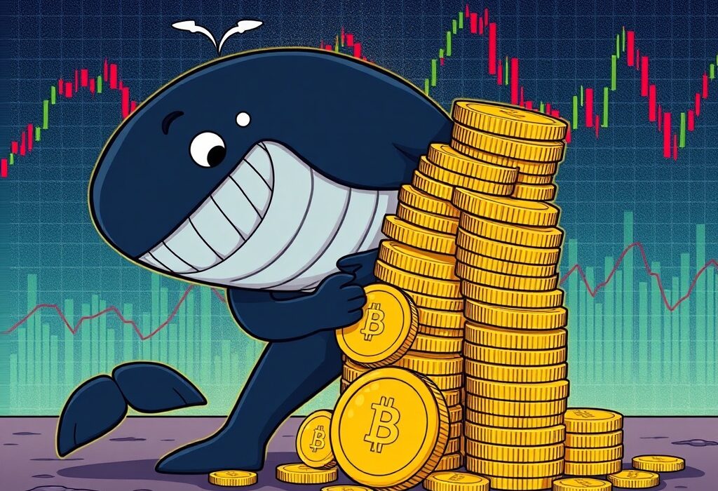 A cartoon whale reopens a significant ETH short position after a market liquidation, illustrating bold crypto trading.