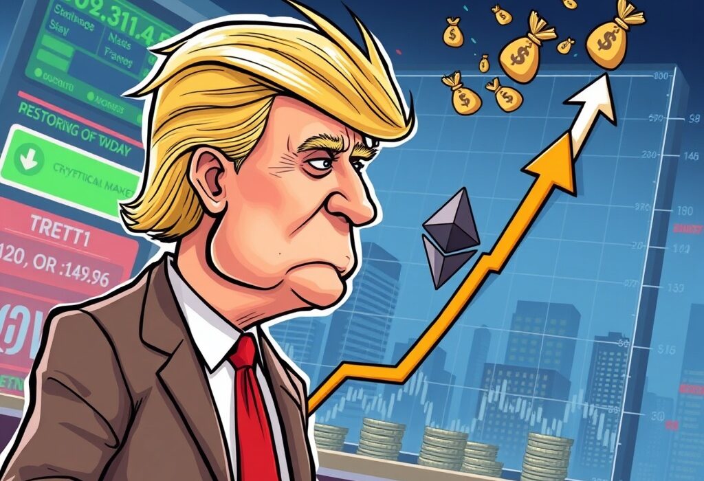 A cartoon depicting Eric Trump observing ETH shorts struggling against a rising Ethereum price, illustrating market dynamics.