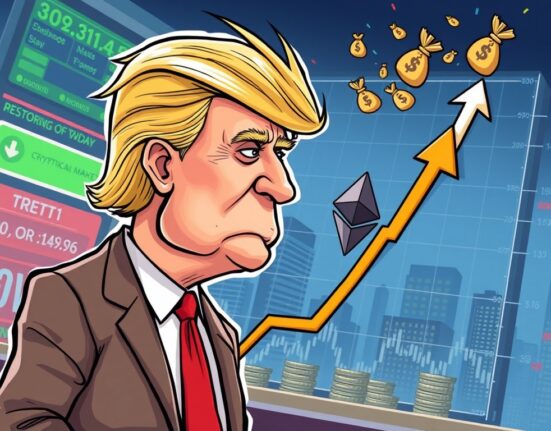 A cartoon depicting Eric Trump observing ETH shorts struggling against a rising Ethereum price, illustrating market dynamics.