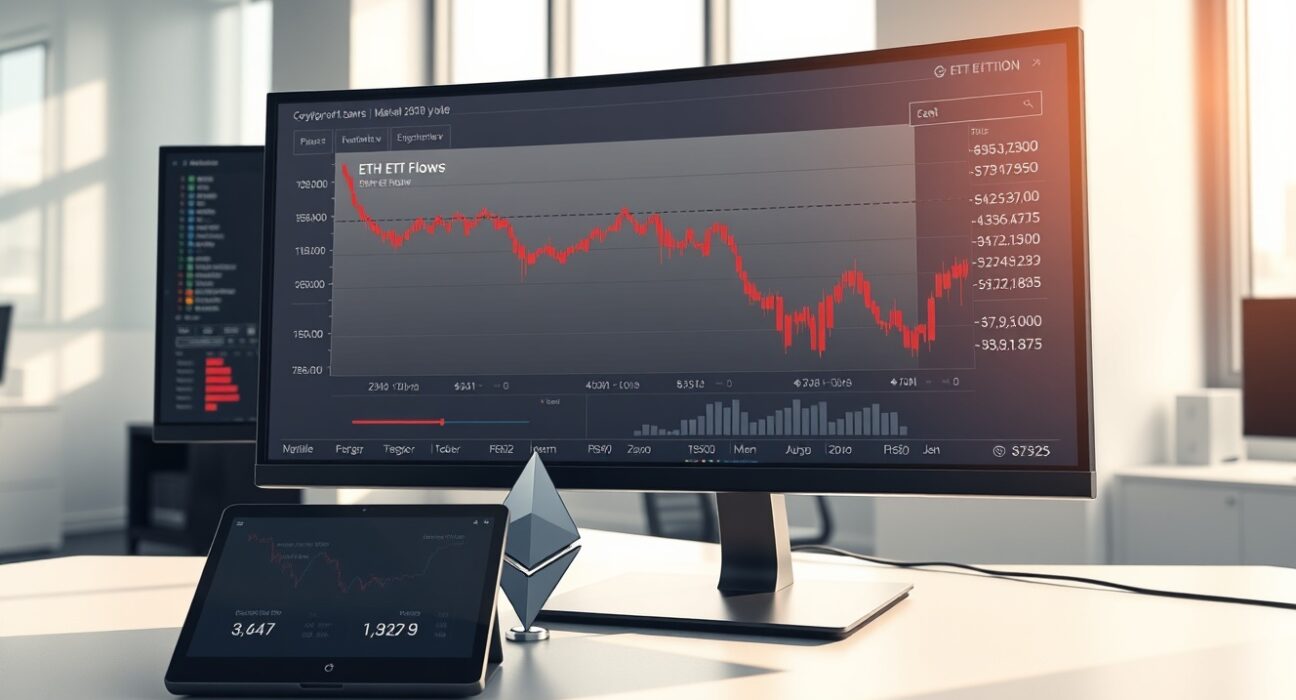 ETH spot ETF outflows analysis showing financial data on trading desk monitors