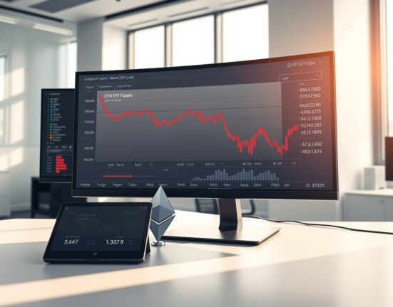 ETH spot ETF outflows analysis showing financial data on trading desk monitors