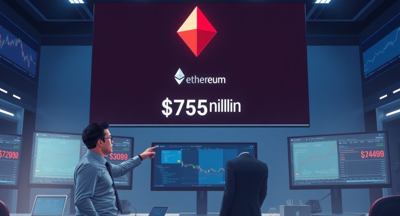 ETH spot ETFs net outflow of $75.9 million on April 23, breaking a 10-day inflow streak, as shown on a trading monitor.