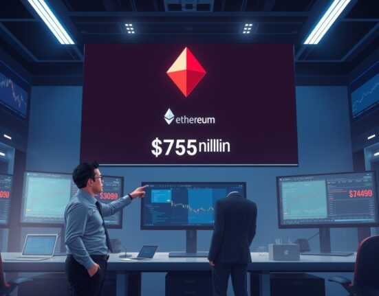 ETH spot ETFs net outflow of $75.9 million on April 23, breaking a 10-day inflow streak, as shown on a trading monitor.