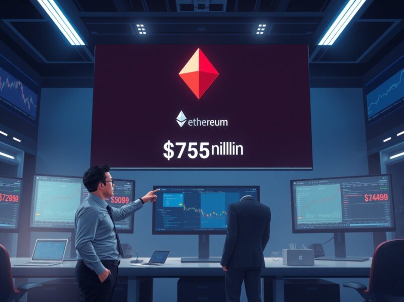 ETH spot ETFs net outflow of $75.9 million on April 23, breaking a 10-day inflow streak, as shown on a trading monitor.