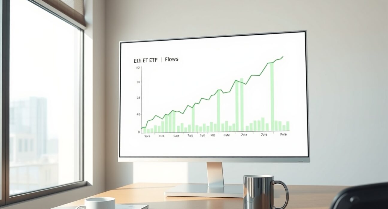 Analyst reviewing positive ETH spot ETF flow data on a trading desk monitor.