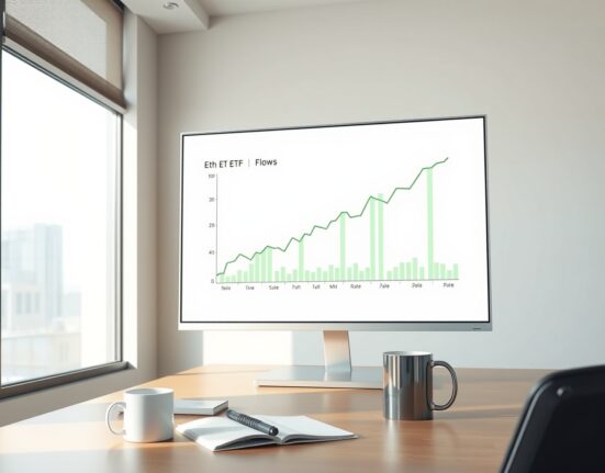 Analyst reviewing positive ETH spot ETF flow data on a trading desk monitor.