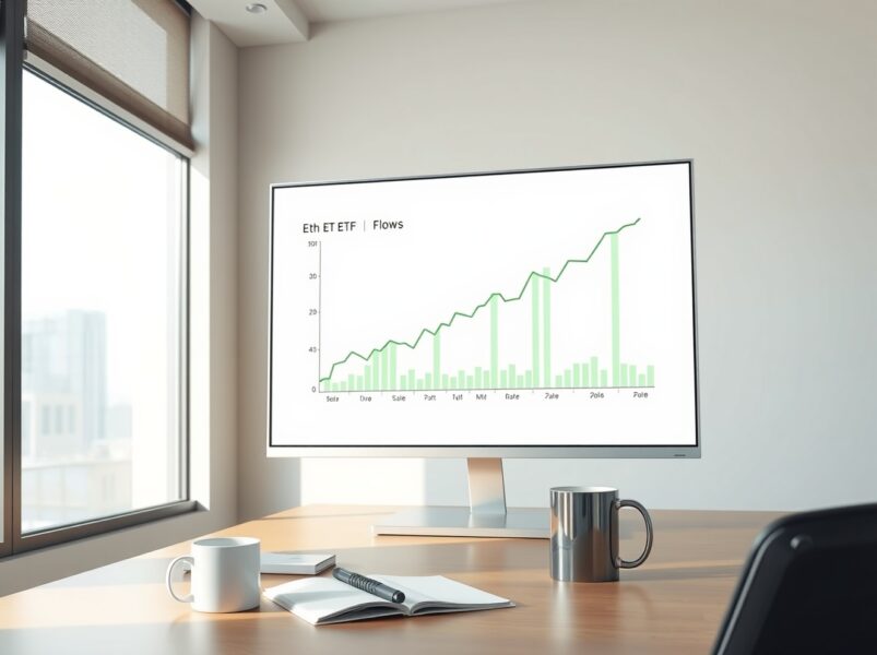 Analyst reviewing positive ETH spot ETF flow data on a trading desk monitor.