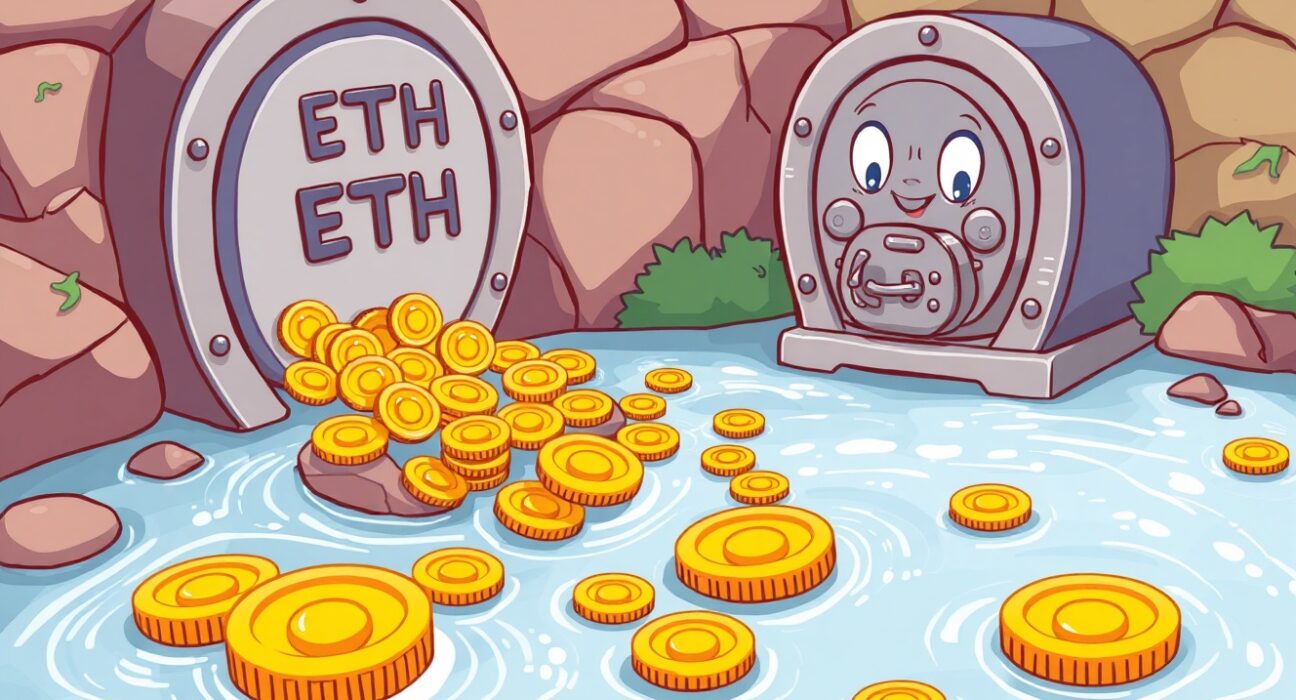 Cartoon illustrating capital flowing out of ETH spot ETFs, representing the first net outflow in days.