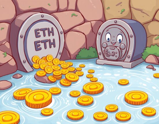 Cartoon illustrating capital flowing out of ETH spot ETFs, representing the first net outflow in days.