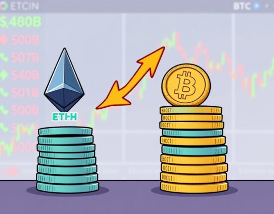 A vibrant cartoon showing ETH spot volume towering over BTC spot volume, illustrating Ethereum's historic market dominance.