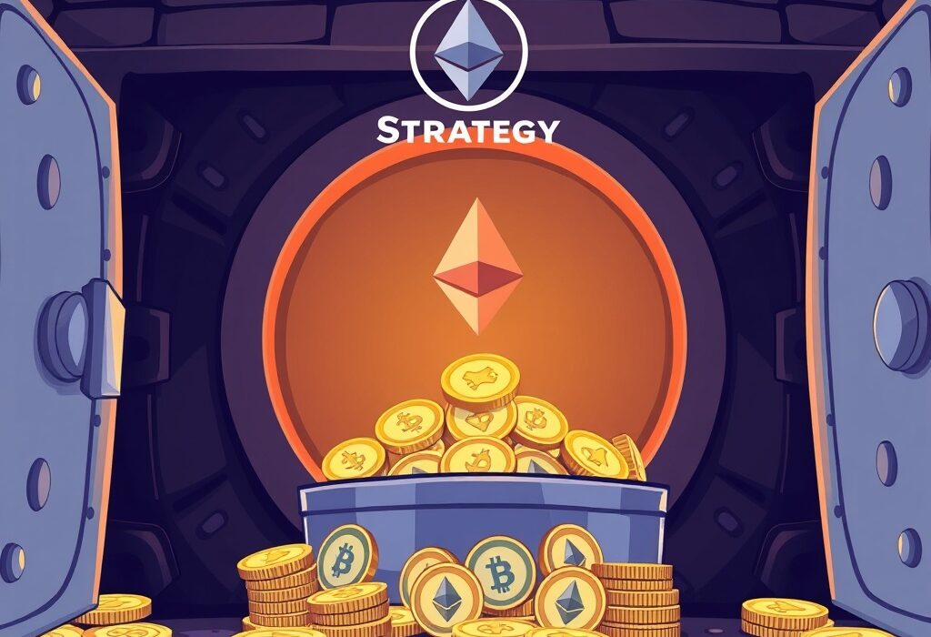 Cartoon illustration of a digital treasury accumulating Ethereum, symbolizing ETH Strategy's recent acquisition and growth.
