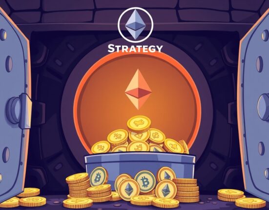 Cartoon illustration of a digital treasury accumulating Ethereum, symbolizing ETH Strategy's recent acquisition and growth.