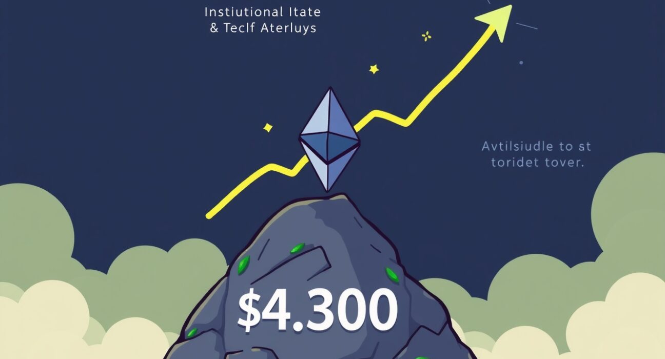 A cartoon illustration depicting strong ETH support at $4,300, symbolizing a robust foundation for future growth in the cryptocurrency market.