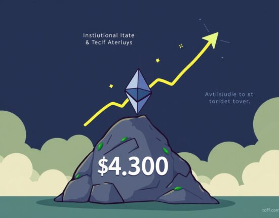 A cartoon illustration depicting strong ETH support at $4,300, symbolizing a robust foundation for future growth in the cryptocurrency market.