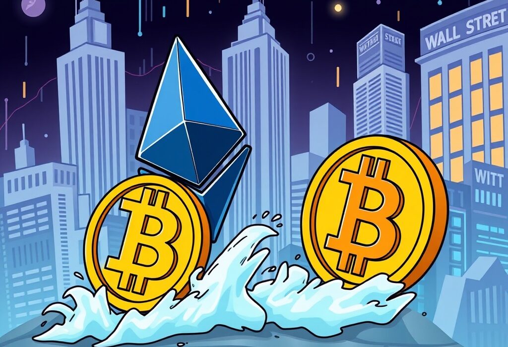 A vibrant cartoon illustrates Ethereum's potential for ETH surpassing BTC in market cap, symbolizing a major shift in the crypto landscape.