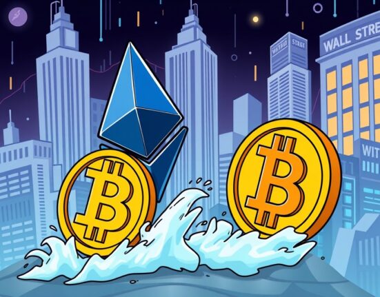 A vibrant cartoon illustrates Ethereum's potential for ETH surpassing BTC in market cap, symbolizing a major shift in the crypto landscape.