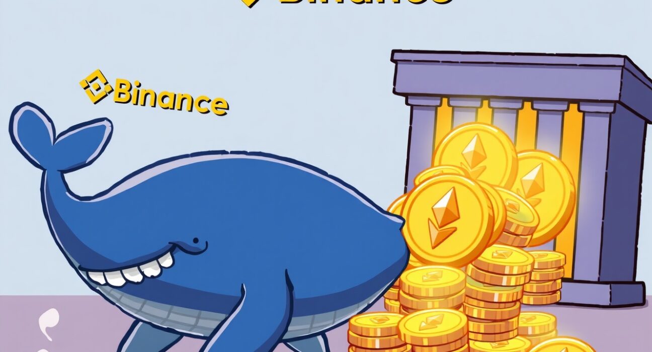 A cartoon whale facilitating a significant ETH transfer to Binance, symbolizing market movement.