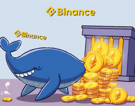 A cartoon whale facilitating a significant ETH transfer to Binance, symbolizing market movement.