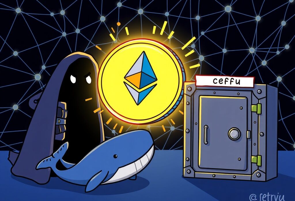 A cartoon illustration showing a significant ETH transfer from an unknown source to Ceffu, highlighting large crypto movements.