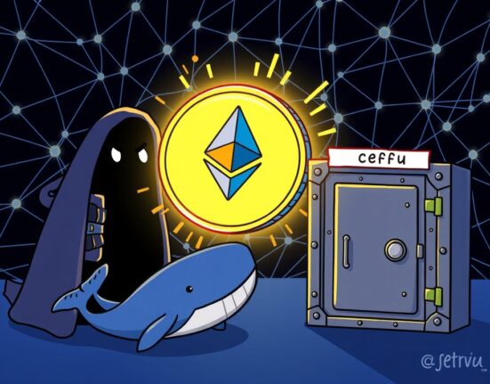 A cartoon illustration showing a significant ETH transfer from an unknown source to Ceffu, highlighting large crypto movements.