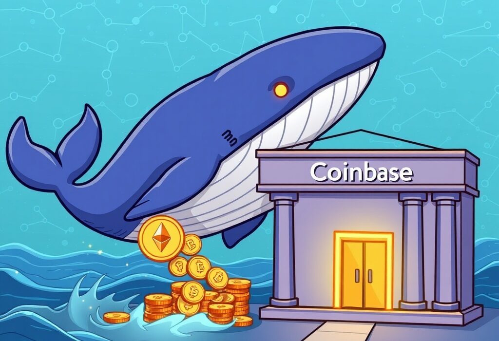 Cartoon whale transferring a large ETH amount to Coinbase Institutional, symbolizing a significant ETH transfer and institutional crypto movement.