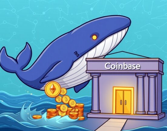 A cartoon whale transfers a large ETH amount from Coinbase Institutional, highlighting a significant ETH transfer and its market impact.