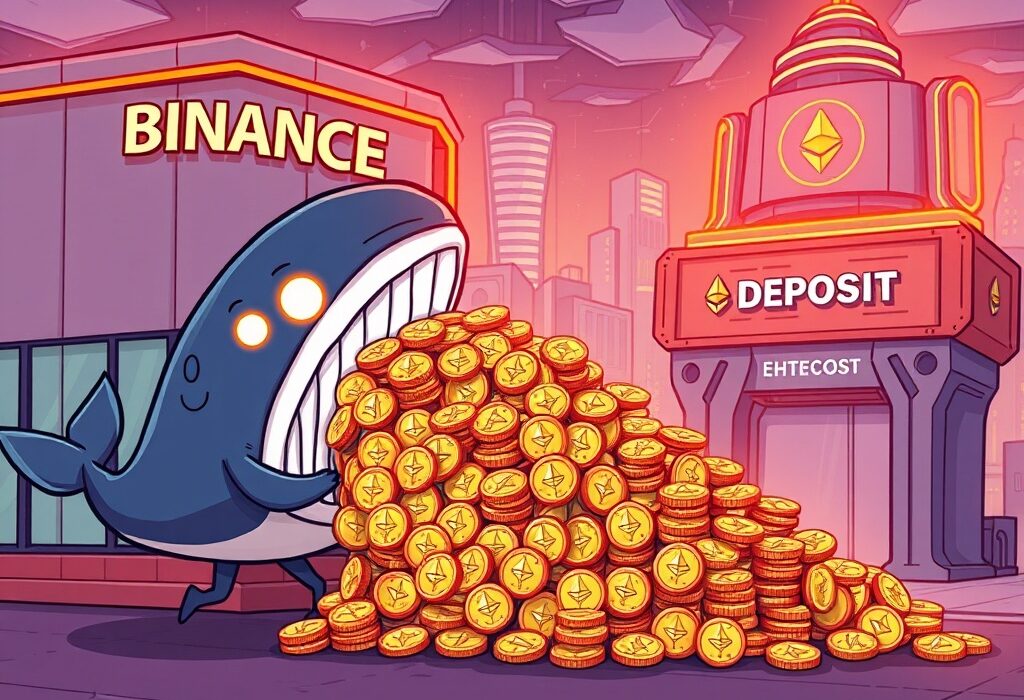 Cartoon showing a large amount of ETH transferred from Binance to a Beacon Deposit, illustrating a significant crypto movement.
