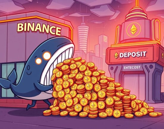 Cartoon showing a large amount of ETH transferred from Binance to a Beacon Deposit, illustrating a significant crypto movement.