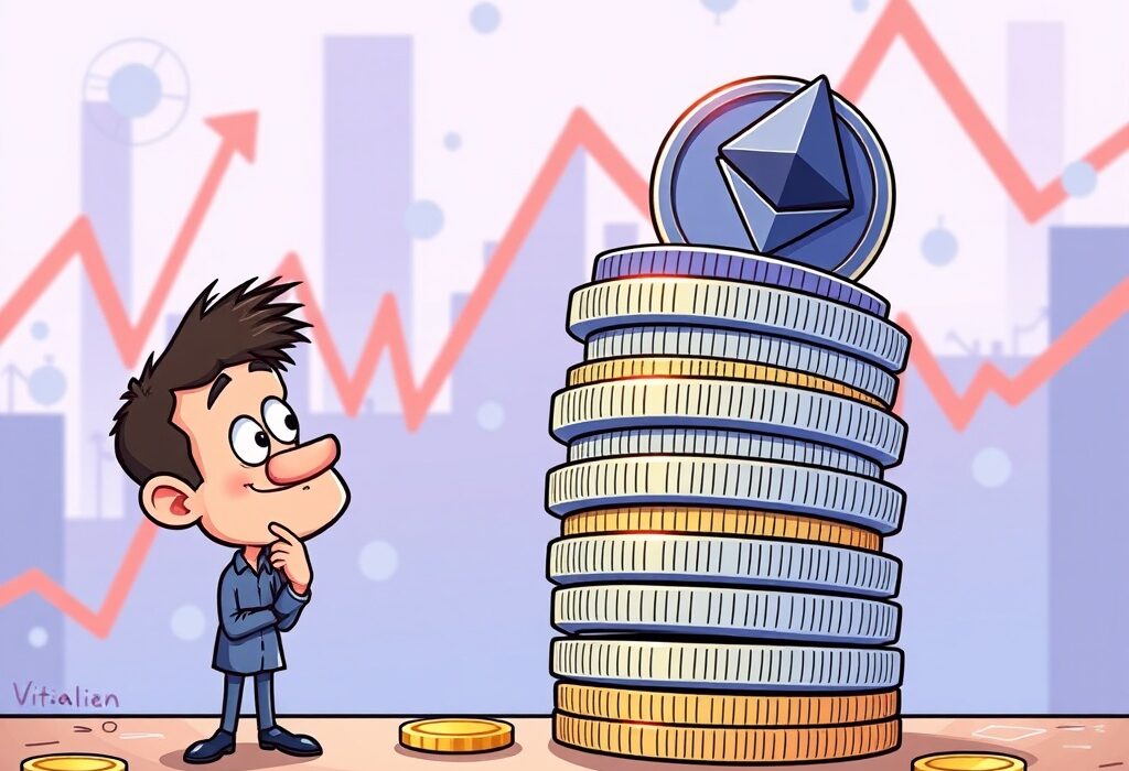 A cartoon illustration depicting Vitalik Buterin cautioning against excessive leverage in ETH treasury firms.
