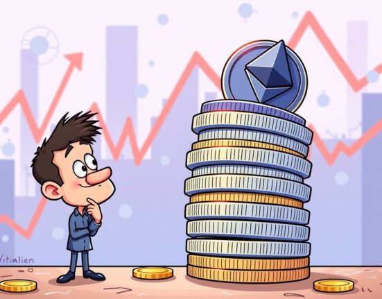 A cartoon illustration depicting Vitalik Buterin cautioning against excessive leverage in ETH treasury firms.