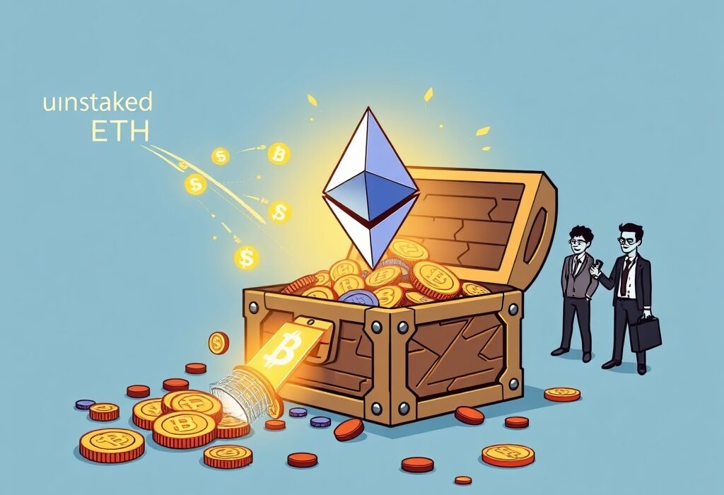 Cartoon illustration depicting ETH unstaking leading to a digital asset treasury, symbolizing new investment opportunities.