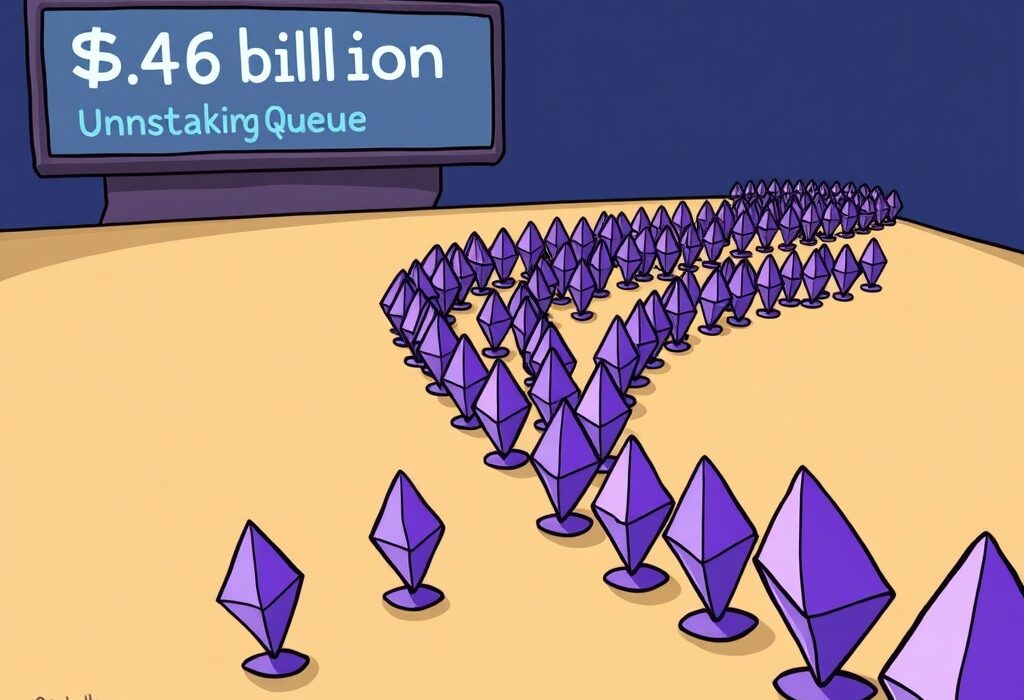 Cartoon illustration showing a long ETH unstaking queue, representing the large volume of Ethereum awaiting withdrawal from the network.
