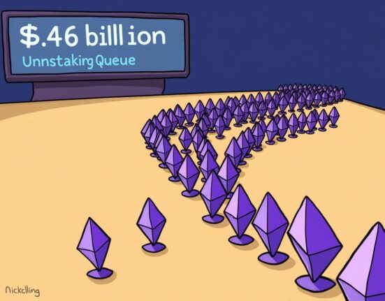 Cartoon illustration showing a long ETH unstaking queue, representing the large volume of Ethereum awaiting withdrawal from the network.