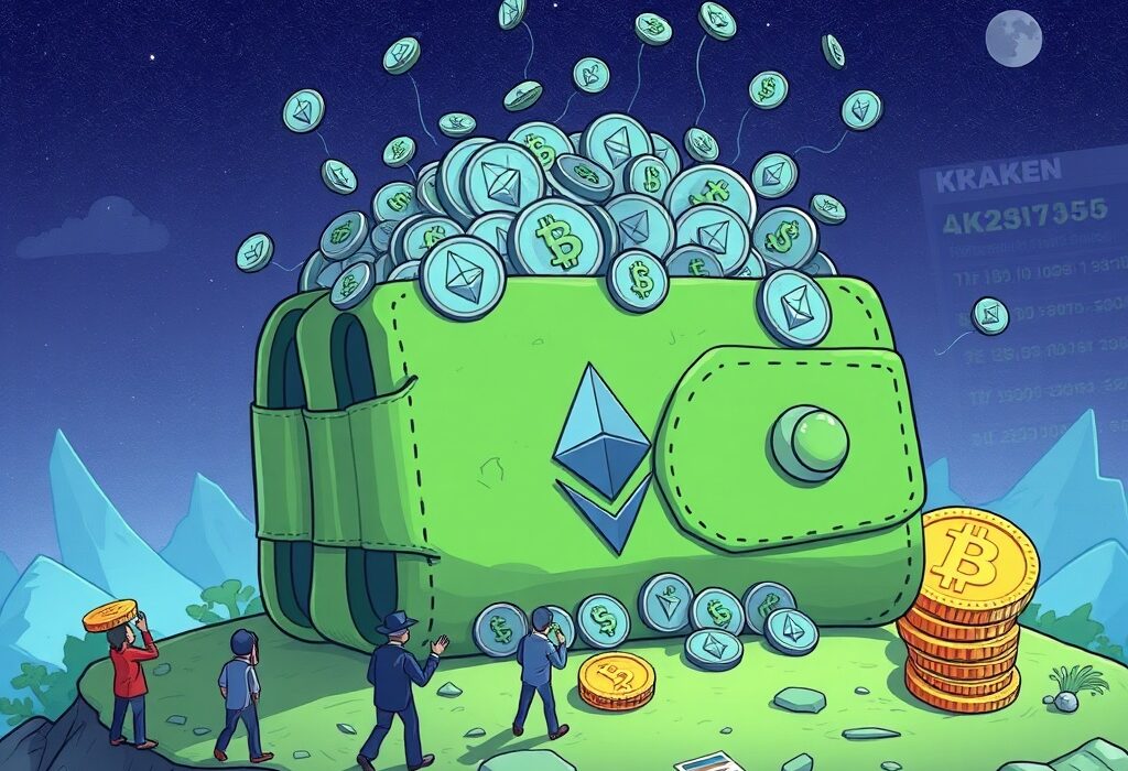 A cartoon illustration showing a large ETH wallet making a significant Ethereum purchase, signaling confidence in the crypto market.