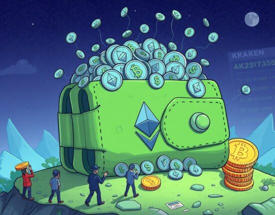 A cartoon illustration showing a large ETH wallet making a significant Ethereum purchase, signaling confidence in the crypto market.