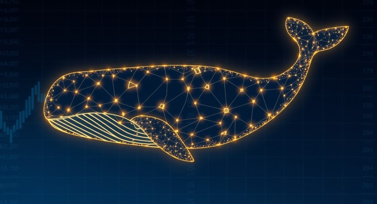 An ETH whale's strategic profit-taking represented by a blockchain data whale.