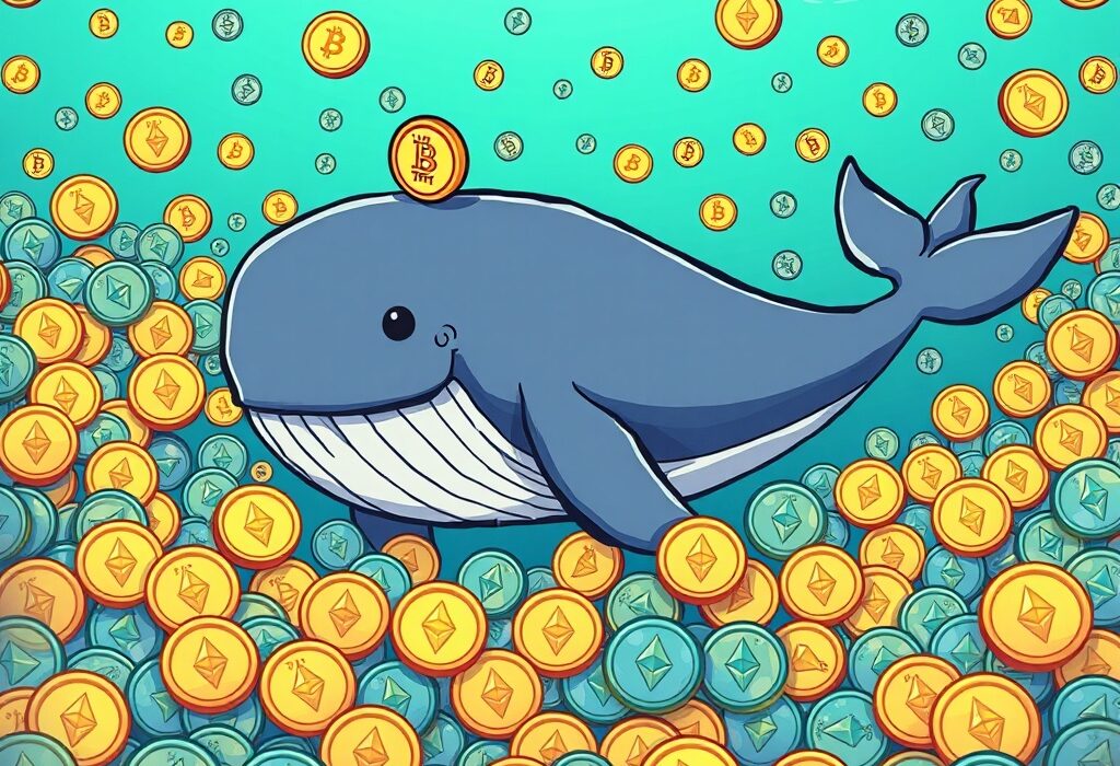 A cartoon ETH whale strategically accumulating and staking a massive amount of Ethereum, illustrating significant market activity.