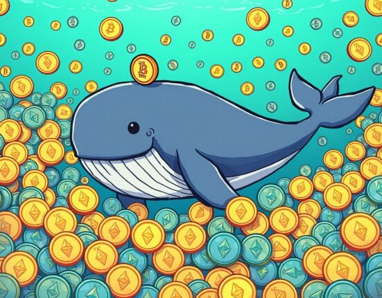A cartoon ETH whale strategically accumulating and staking a massive amount of Ethereum, illustrating significant market activity.