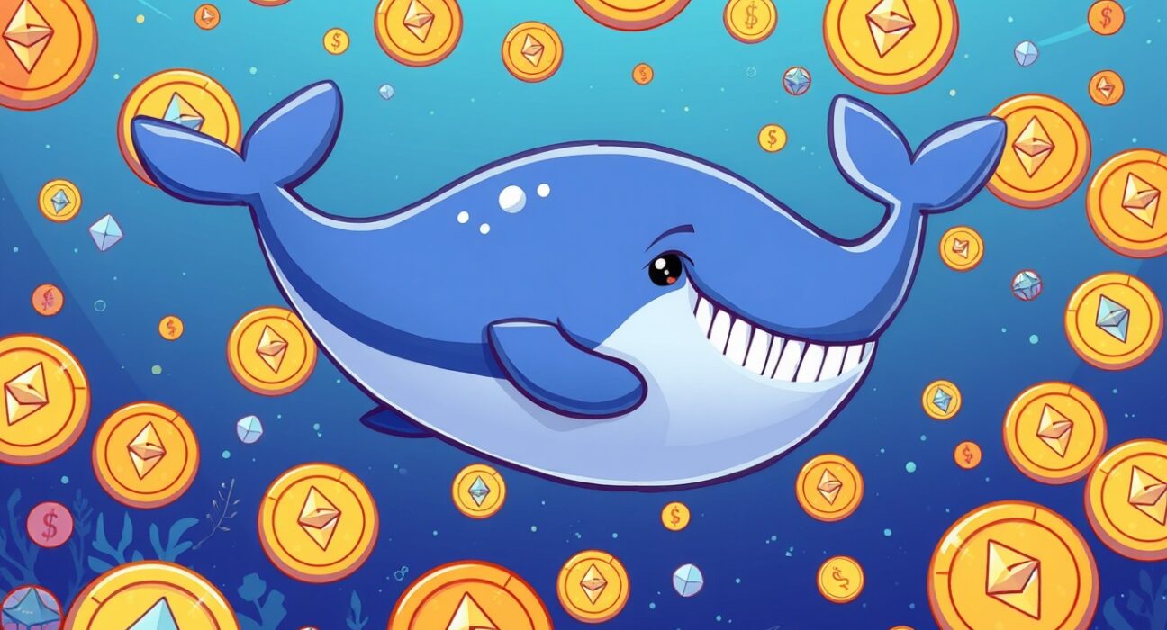 ETH whale accumulation shown through cartoon whale gathering Ethereum coins in digital ocean