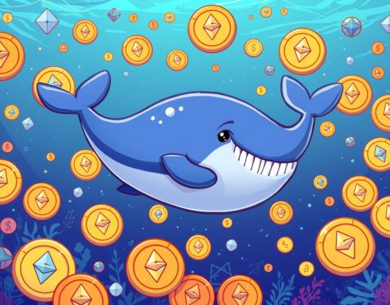 ETH whale accumulation shown through cartoon whale gathering Ethereum coins in digital ocean