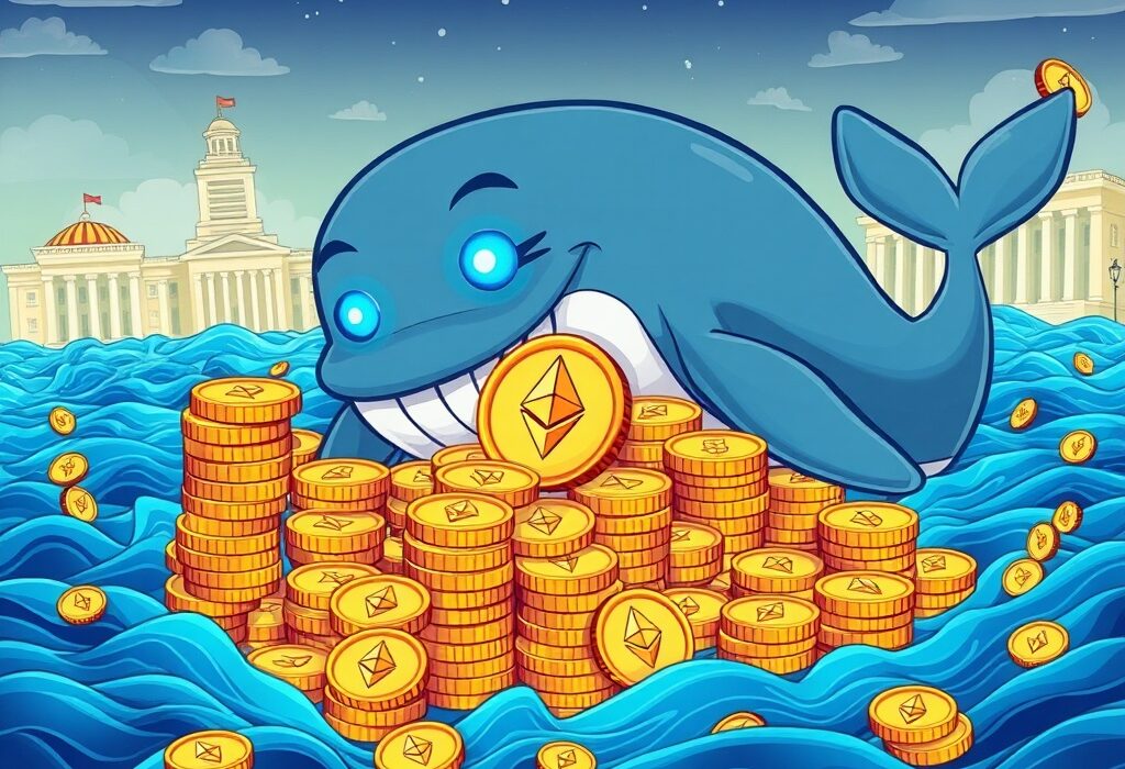A cartoon whale symbolizing a massive ETH whale accumulation, gathering Ethereum coins from various institutional platforms.