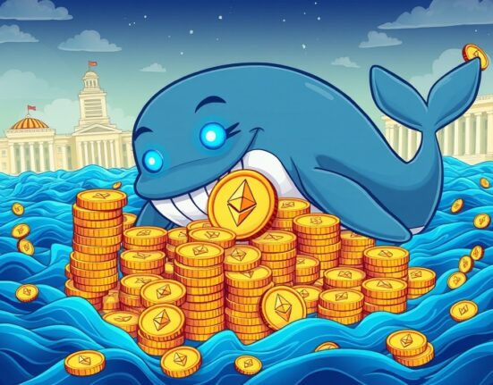 A cartoon whale symbolizing a massive ETH whale accumulation, gathering Ethereum coins from various institutional platforms.