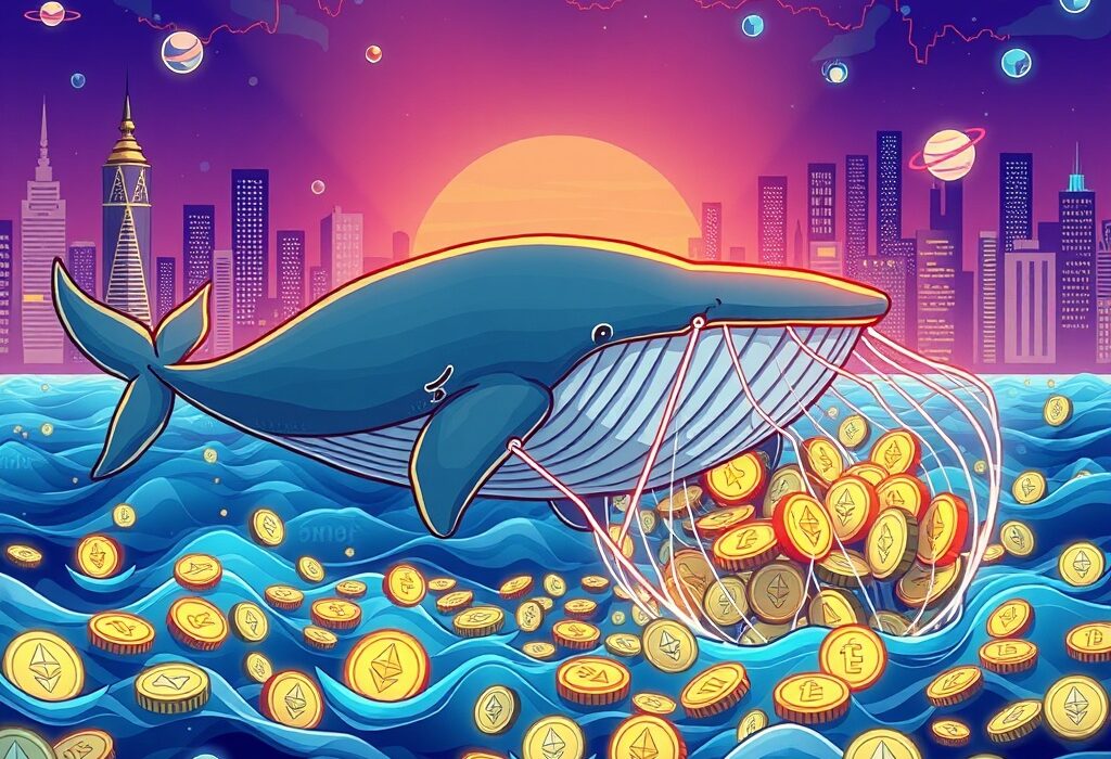 A cartoon illustration of a large whale, symbolizing significant ETH whale accumulation, swimming through digital coins with the Ethereum logo, indicating market movement.