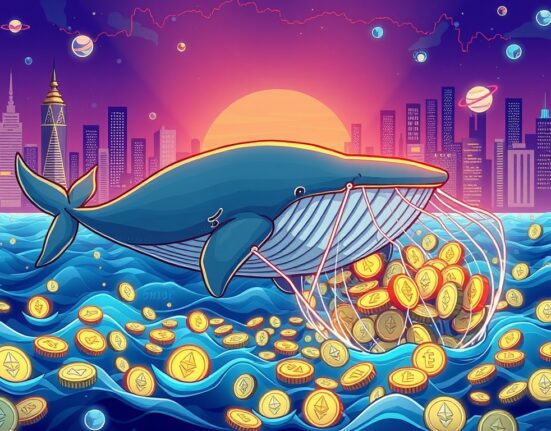 A cartoon illustration of a large whale, symbolizing significant ETH whale accumulation, swimming through digital coins with the Ethereum logo, indicating market movement.