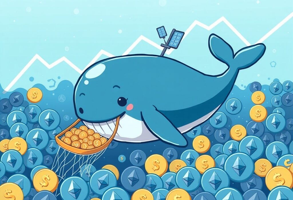 A cartoon whale strategically accumulating Ethereum during a price dip, illustrating a significant ETH whale accumulation event and a smart investment move.