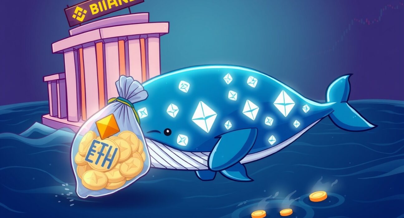 A cartoon whale accumulating Ethereum, symbolizing strategic ETH whale accumulation and a significant withdrawal from Binance.