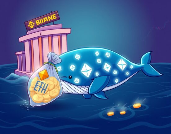 A cartoon whale accumulating Ethereum, symbolizing strategic ETH whale accumulation and a significant withdrawal from Binance.