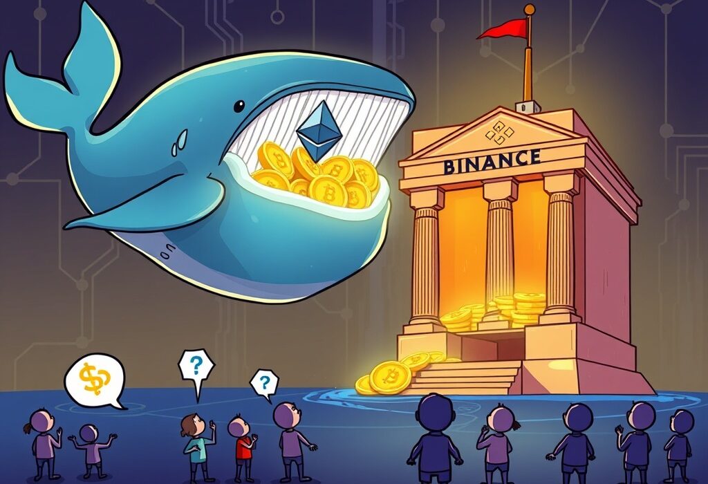 Cartoon illustration of an ETH whale depositing Ethereum into Binance, symbolizing a significant crypto transaction and its market implications for the crypto community.