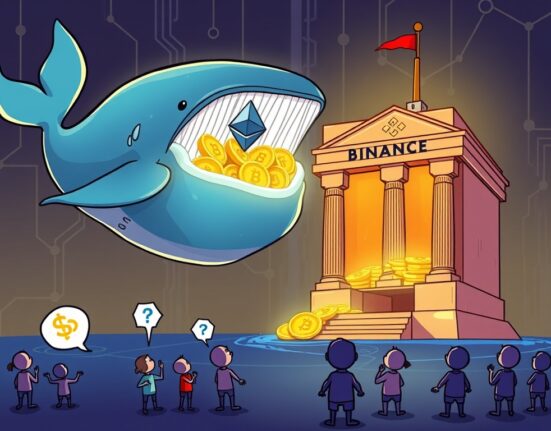 Cartoon illustration of an ETH whale depositing Ethereum into Binance, symbolizing a significant crypto transaction and its market implications for the crypto community.