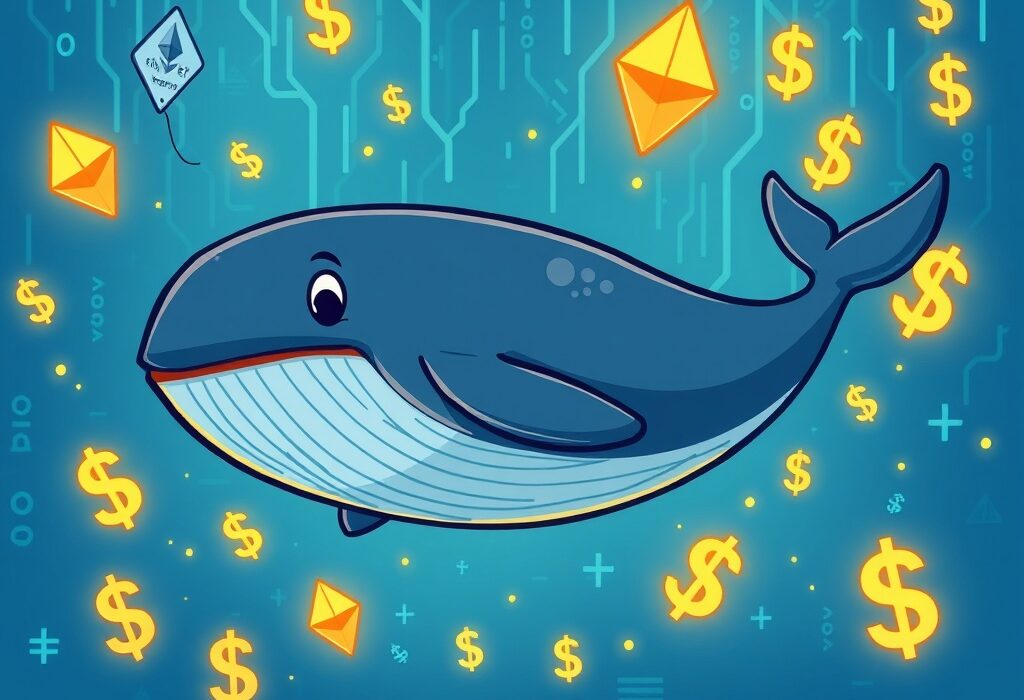 A cartoon ETH whale confidently acquiring large amounts of Ethereum, symbolizing significant digital asset accumulation and market impact.